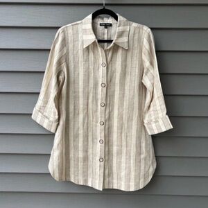 Boho Chic Linen Tunic Top Beige Striped Brown Longline 3/4 Sleeve Small
